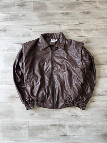 جکت چرم باکسی اورجینال قهوه ای تیره zara